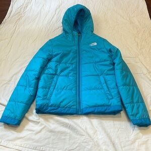 EXU Girls reversible north face zip-up blue and turquoise winter jacket